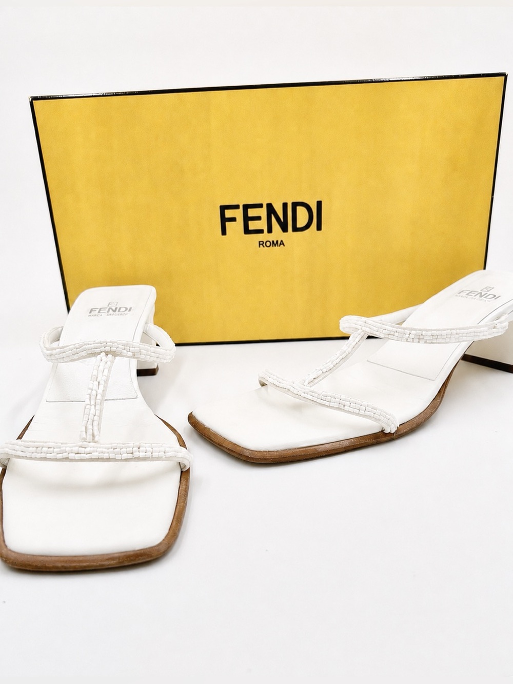Auth RARE Fendi White Beaded Strap Square Toe low Heel Sandals Y2K